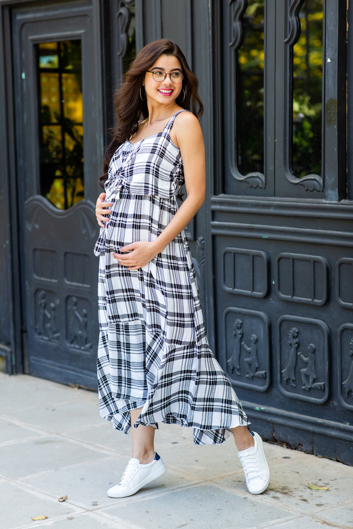 Black & White Plaid Dual Bow Maternity Dress momzjoy.com