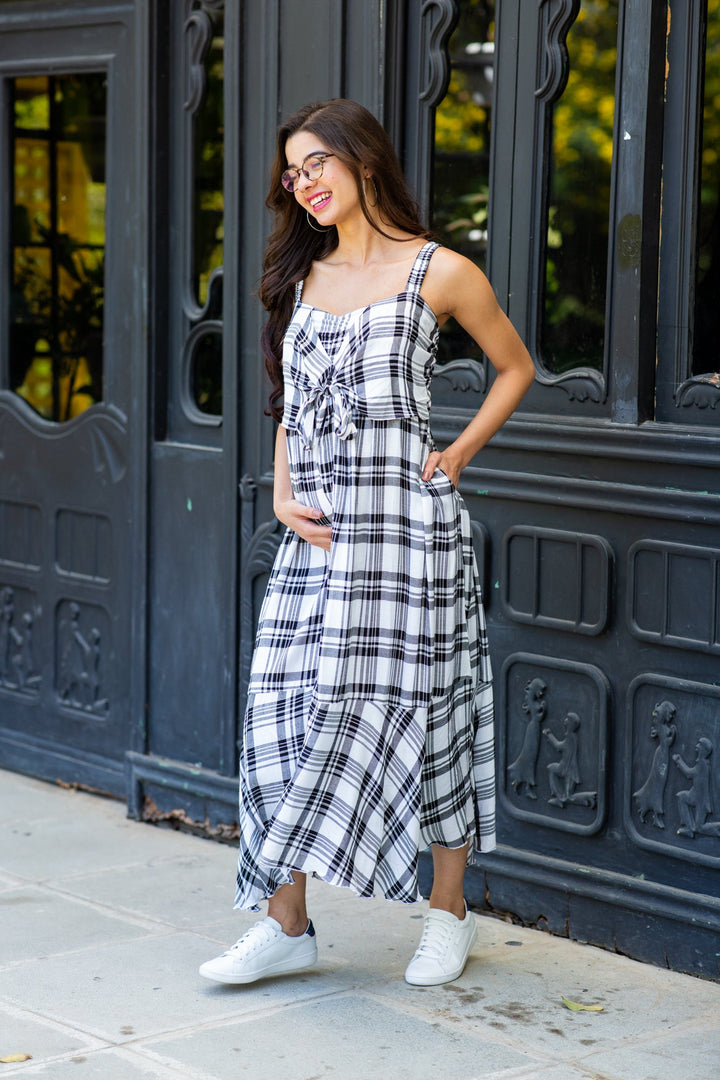 Black & White Plaid Dual Bow Maternity Dress momzjoy.com