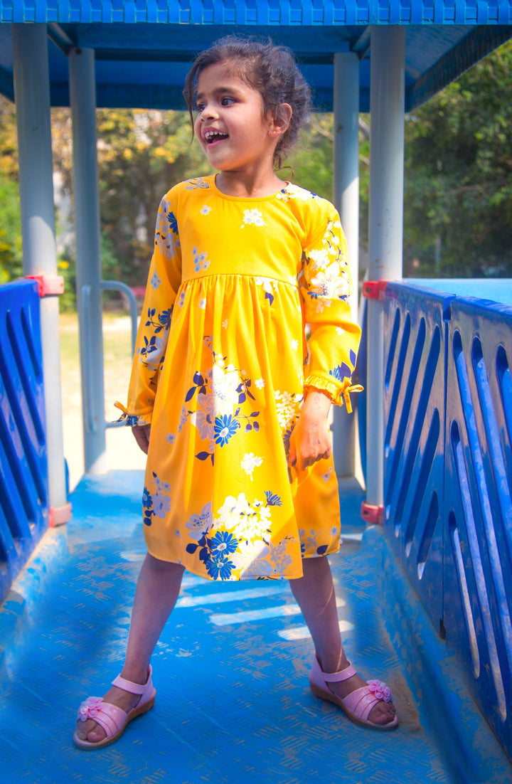 Hello Yellow Back Tie Crepe Dress (1 yr to 8 years) MOMZJOY.COM