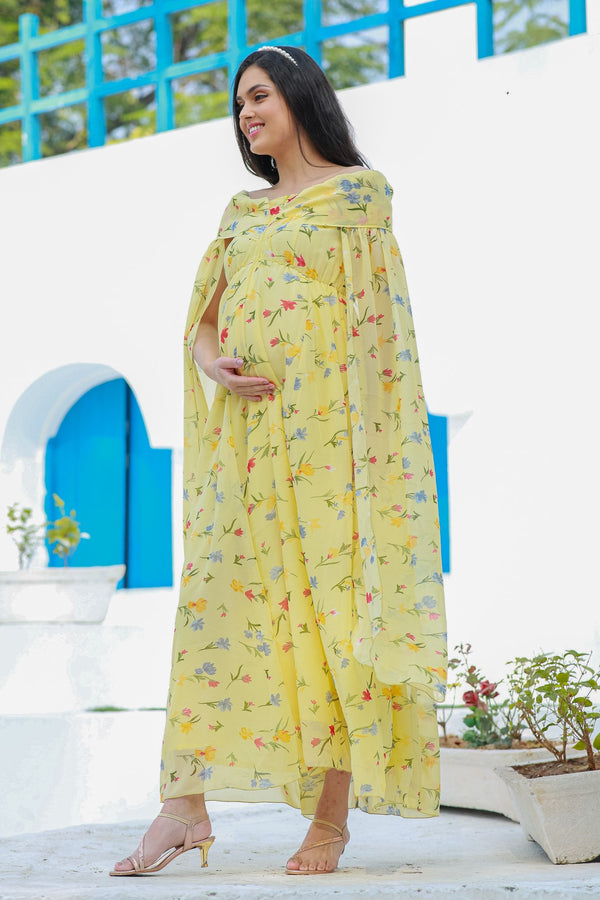 Luxe Pastel Yellow Flying Sleeves Maternity & Nursing Dress momzjoy.com