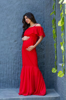 Luxe Candy Off-Shoulder Fish Cut Maternity Photoshoot Gown momzjoy.com