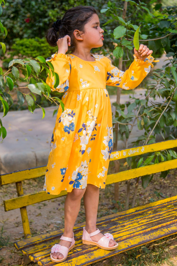 Hello Yellow Back Tie Crepe Dress (1 yr to 8 years) MOMZJOY.COM