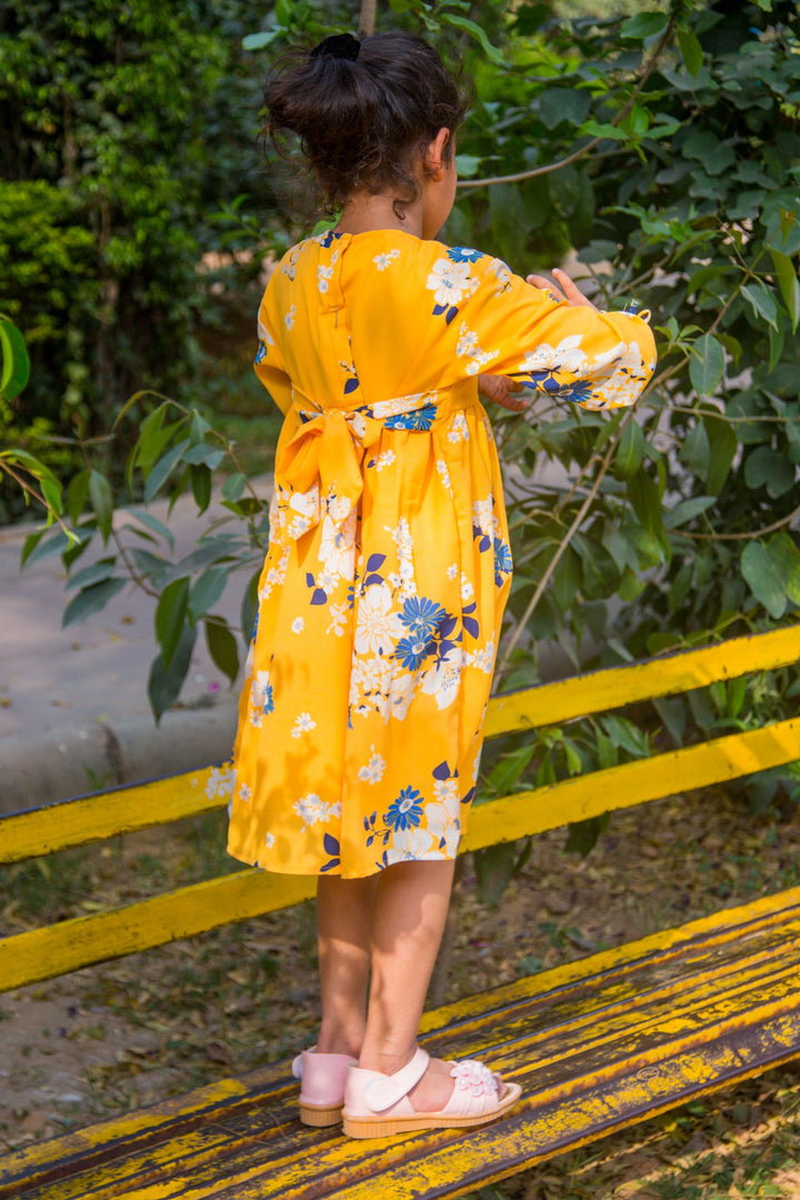 Hello Yellow Back Tie Crepe Dress (1 yr to 8 years) MOMZJOY.COM