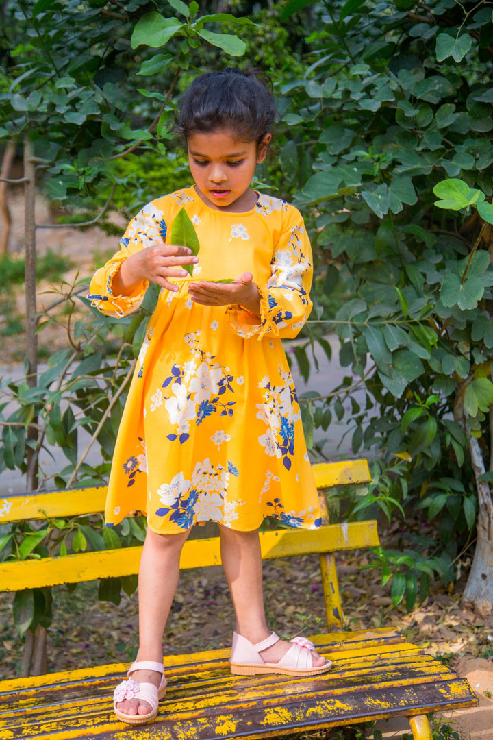 Hello Yellow Back Tie Crepe Dress (1 yr to 8 years) MOMZJOY.COM