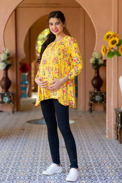 Happy Sunshine Floral Pintucks Maternity & Nursing Top MOMZJOY.COM