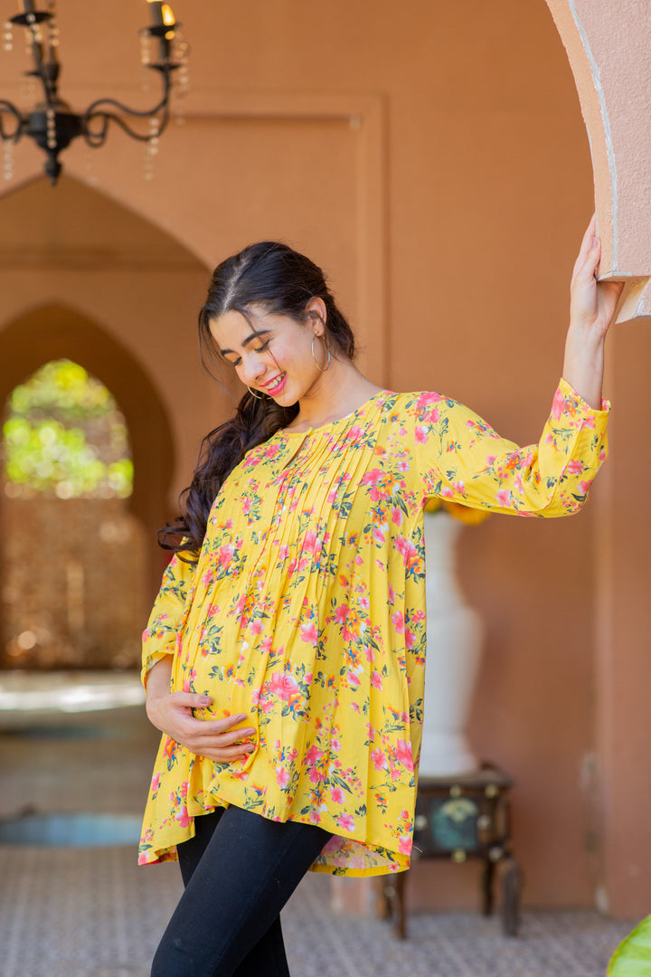 Happy Sunshine Floral Pintucks Maternity & Nursing Top MOMZJOY.COM