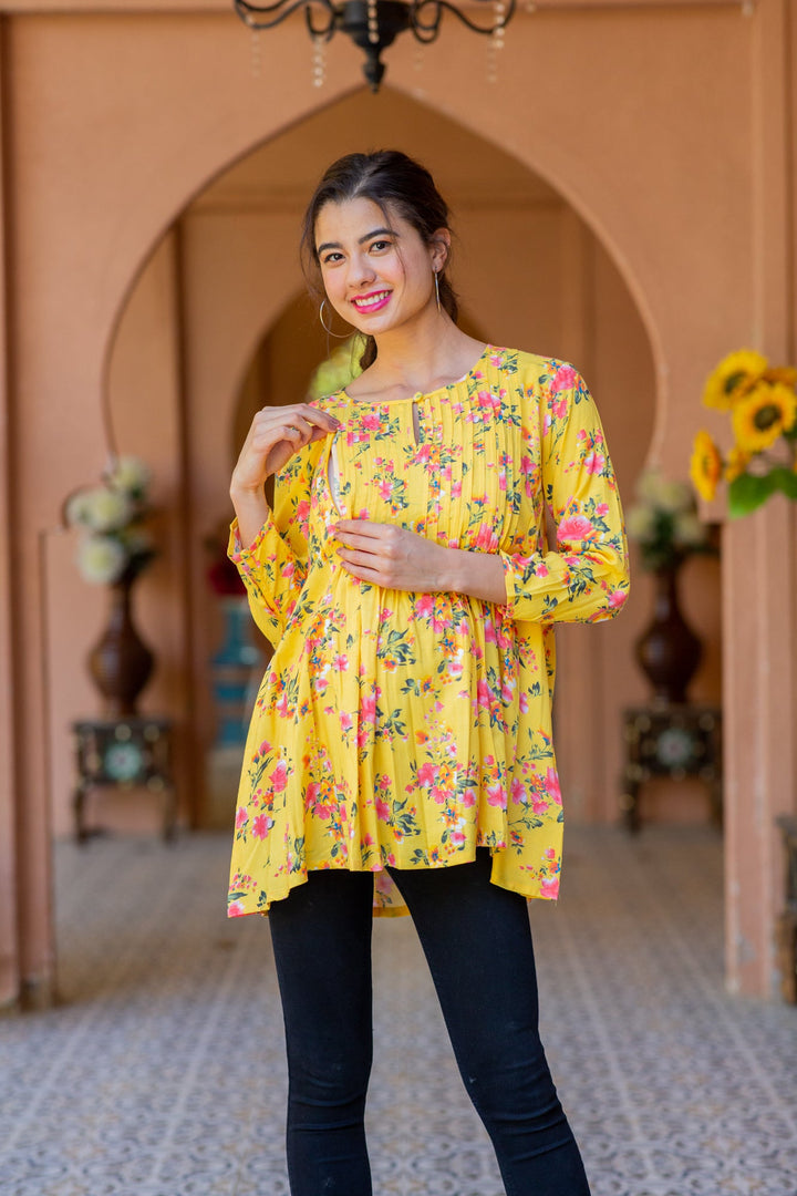 Happy Sunshine Floral Pintucks Maternity & Nursing Top MOMZJOY.COM