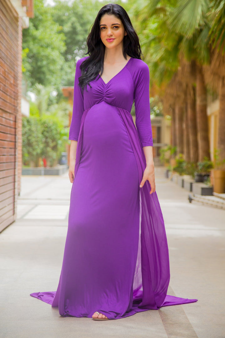 Deep Purple Trail Maternity Photoshoot Gown MOMZJOY.COM