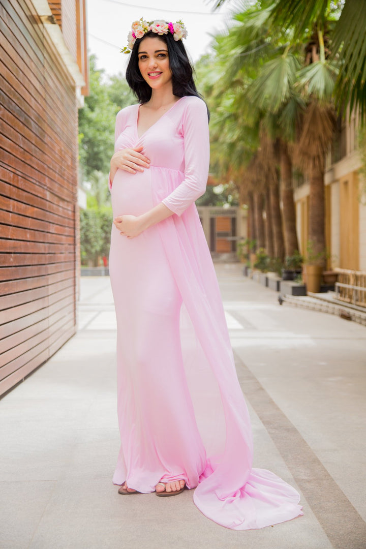 Exclusive Pretty Pink Trail Maternity Photoshoot Gown MOMZJOY.COM