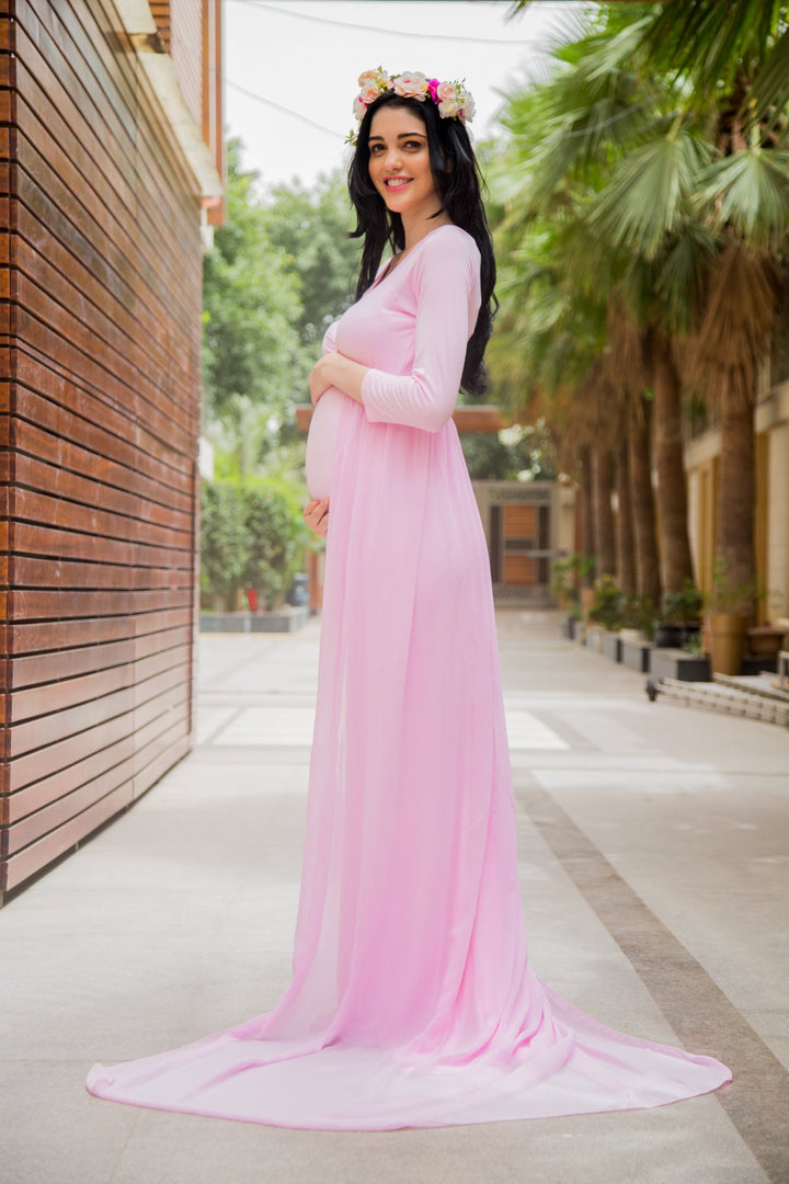 Exclusive Pretty Pink Trail Maternity Photoshoot Gown MOMZJOY.COM