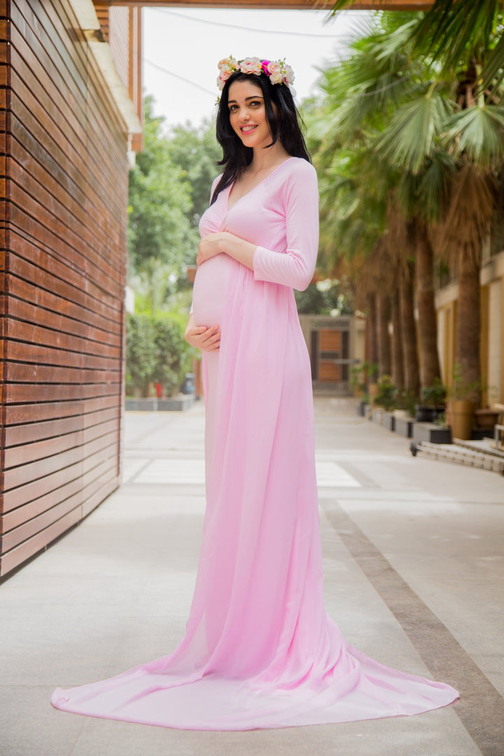 Exclusive Pretty Pink Trail Maternity Photoshoot Gown MOMZJOY.COM