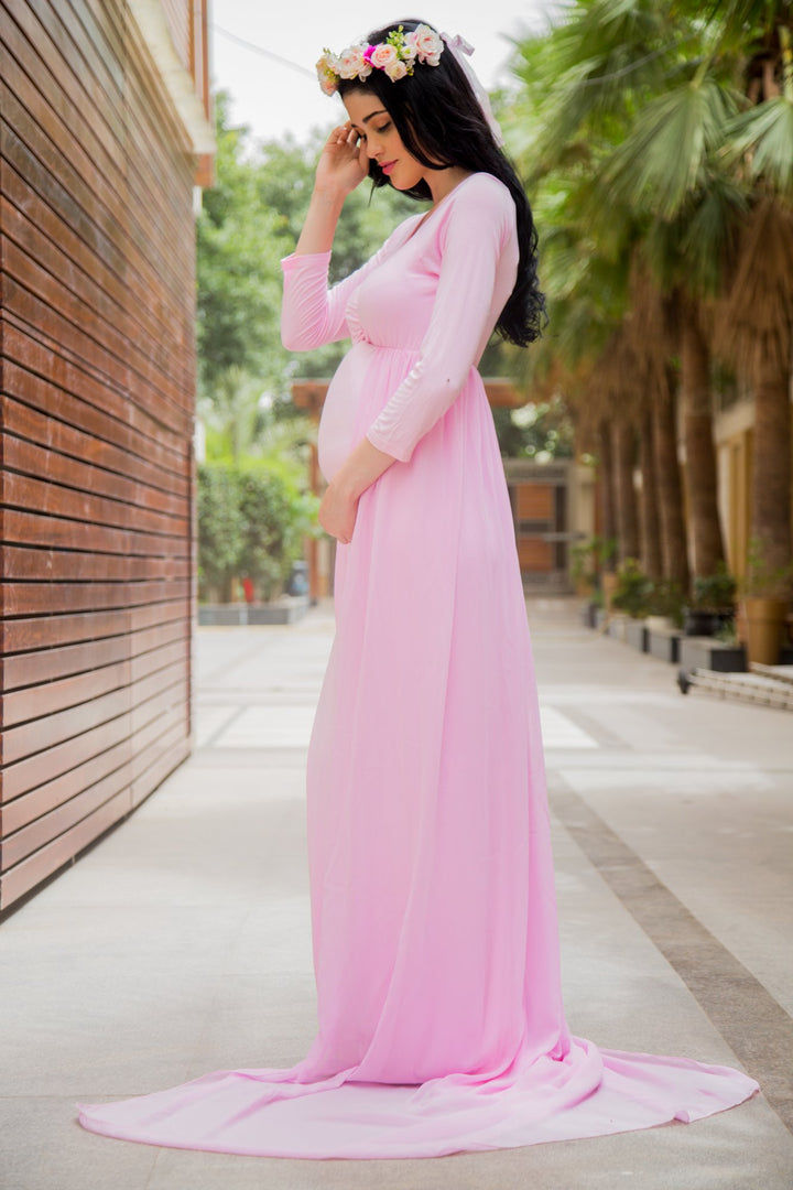 Exclusive Pretty Pink Trail Maternity Photoshoot Gown MOMZJOY.COM