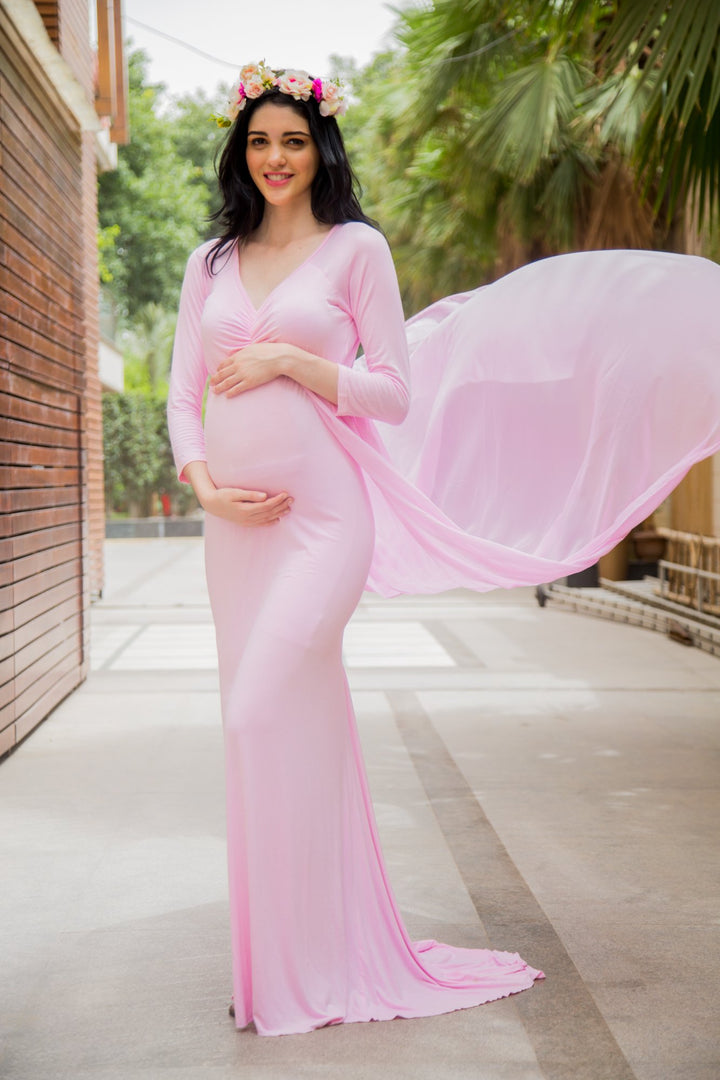 Exclusive Pretty Pink Trail Maternity Photoshoot Gown MOMZJOY.COM