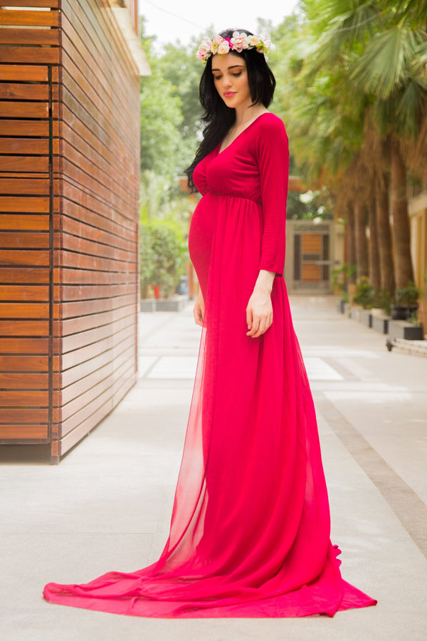 Exclusive Cherry Red Trail Maternity Photoshoot Gown MOMZJOY.COM