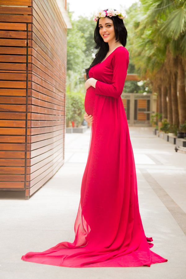 Fitted Maternity Gown - Long Sleeve Flare Style Elegant Dress