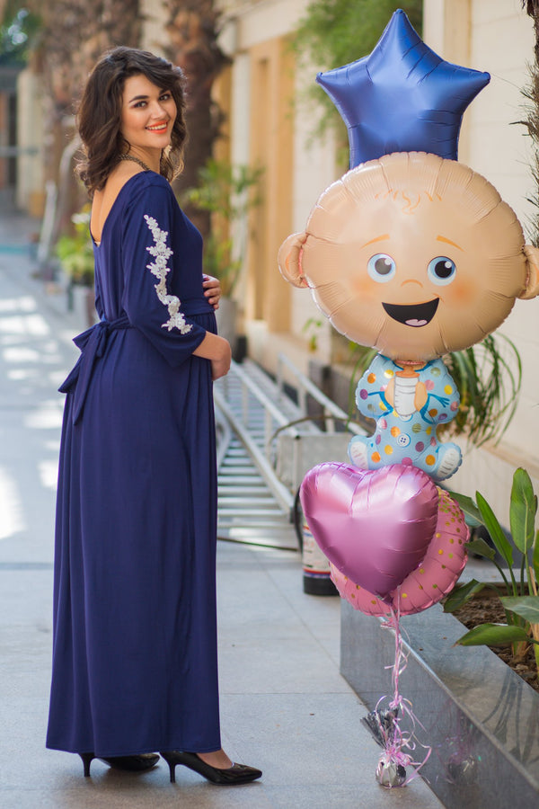 Regal Blue Lycra Crochet Sleeves Maternity Dress MOMZJOY.COM
