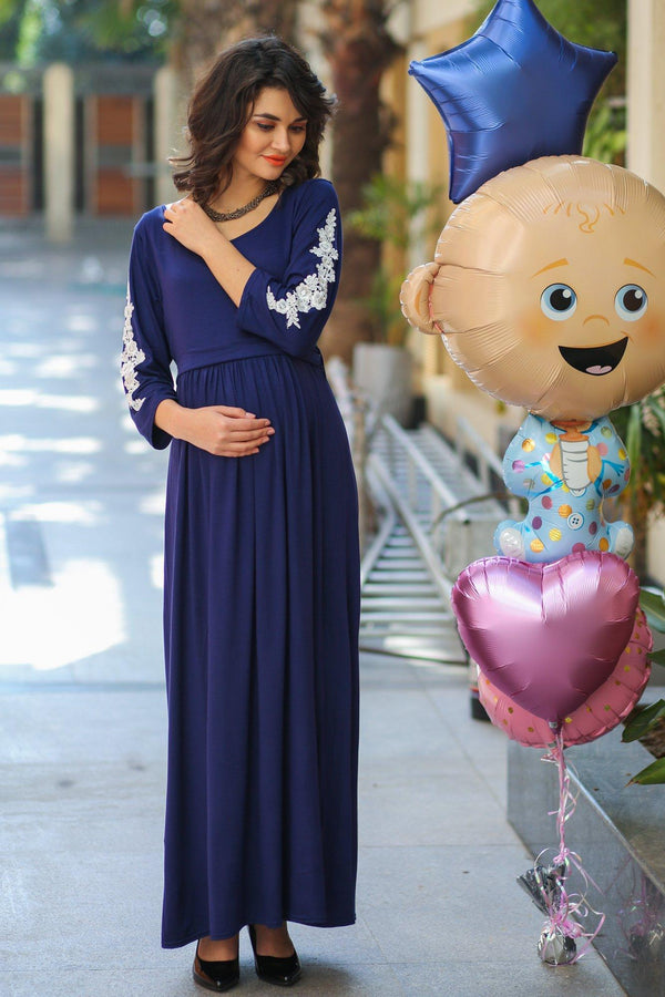 Regal Blue Lycra Crochet Sleeves Maternity Dress MOMZJOY.COM