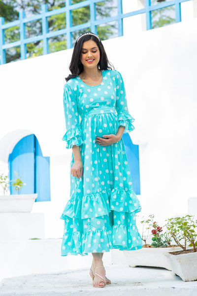 Classic Turquoise Polka Maternity & Nursing Frill Dress MOMZJOY.COM