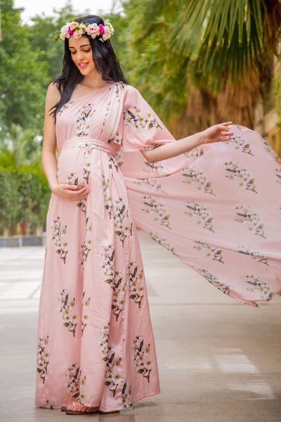 Luxe Carnation Pink One Shoulder Floral Maternity Gown MOMZJOY.COM