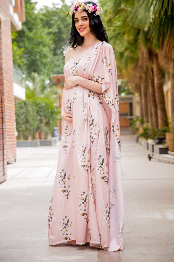 Luxe Carnation Pink One Shoulder Floral Maternity Gown MOMZJOY.COM