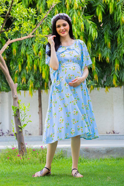 Sky Blue Maternity & Nursing Flap Dress momzjoy.com