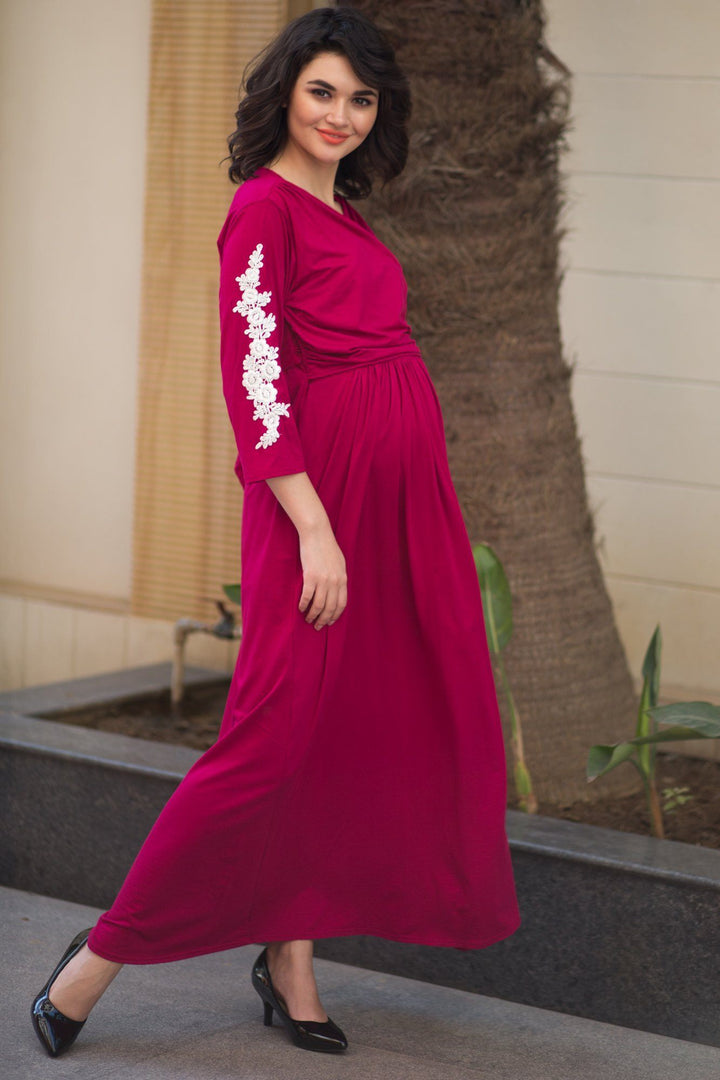 Elegant Carnation Crochet Maternity & Nursing Wrap Dress - MOMZJOY.COM