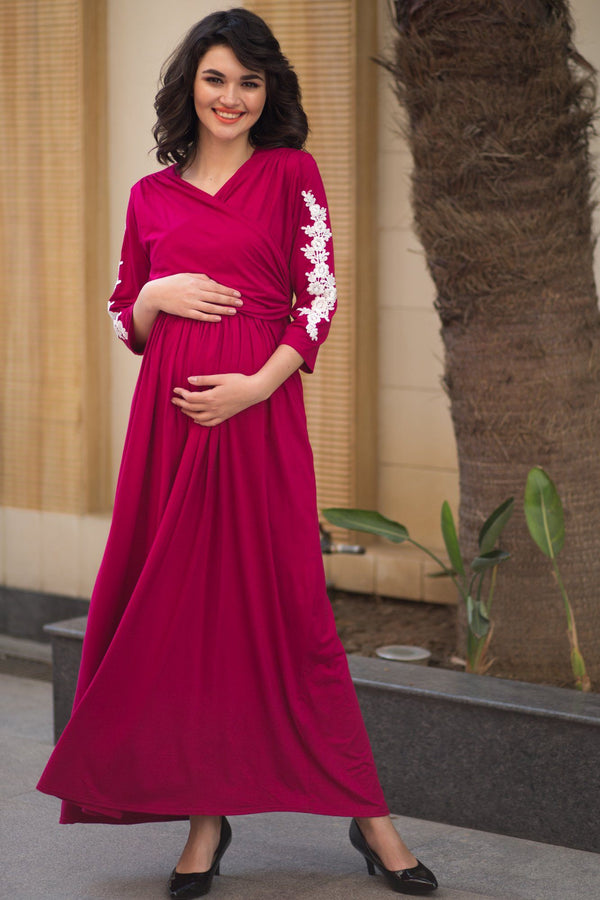 Elegant Carnation Crochet Maternity & Nursing Wrap Dress - MOMZJOY.COM