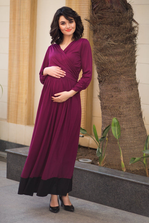 Elegant Mulberry Wine Front Wrap Maternity & Nursing Dress momzjoy.com