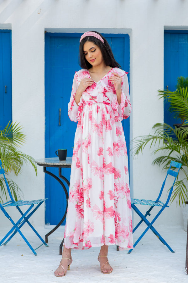Angelic Rose Blush Maternity & Nursing Frill Dress MOMZJOY.COM