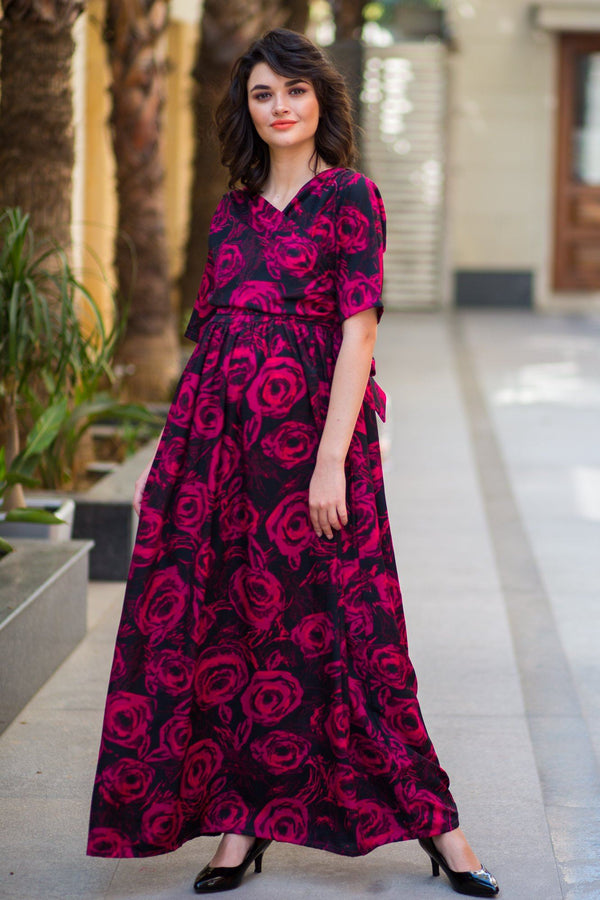 Cranberry Blossom Maternity & Nursing Wrap Dress - MOMZJOY.COM