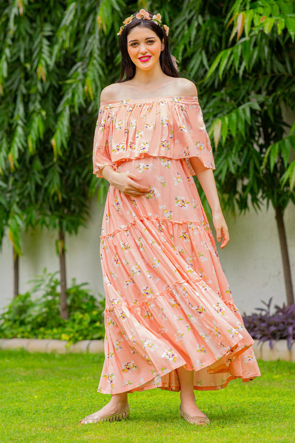 Buy Youthful Peach Gown In Raw Silk With Fancy Off Shoulder Neckline And  Shimmer All Over KALKI Fashion India