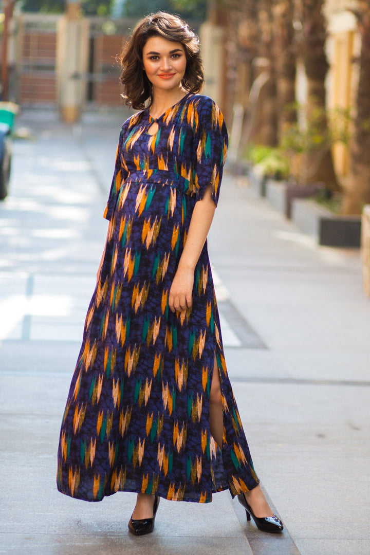 Midnight Blue Mustard Side Slit Maternity & Feeding Dress - MOMZJOY.COM