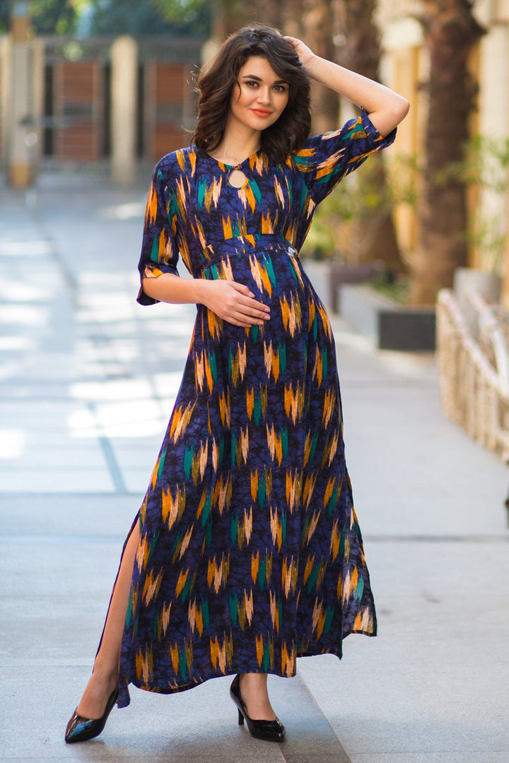 Midnight Blue Mustard Side Slit Maternity & Feeding Dress - MOMZJOY.COM