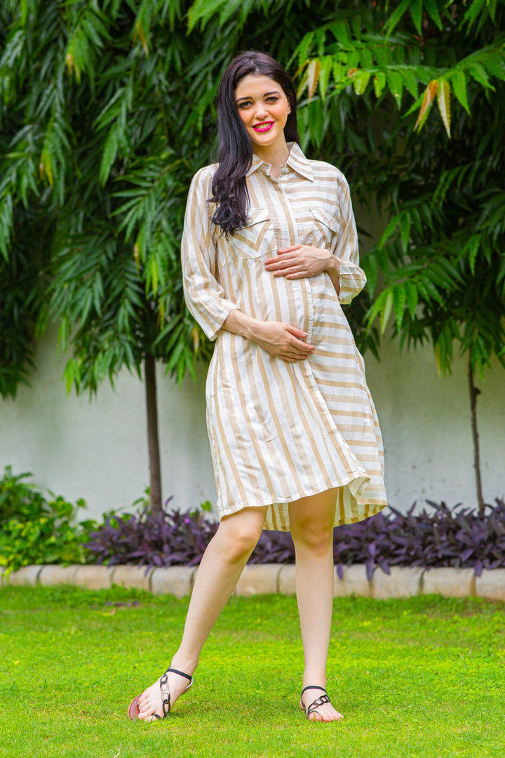 Beige Striped Maternity & Nursing Shirt Dress momzjoy.com