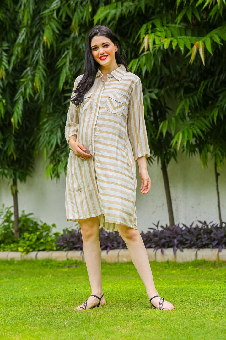 Beige Striped Maternity & Nursing Shirt Dress momzjoy.com