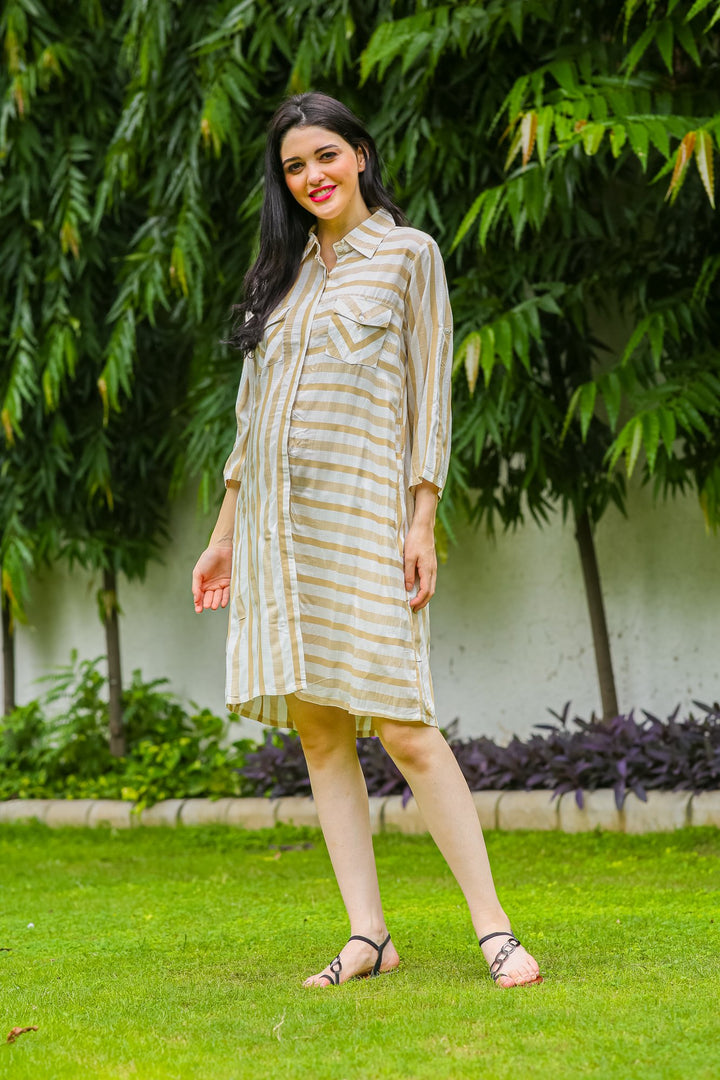 Beige Striped Maternity & Nursing Shirt Dress momzjoy.com