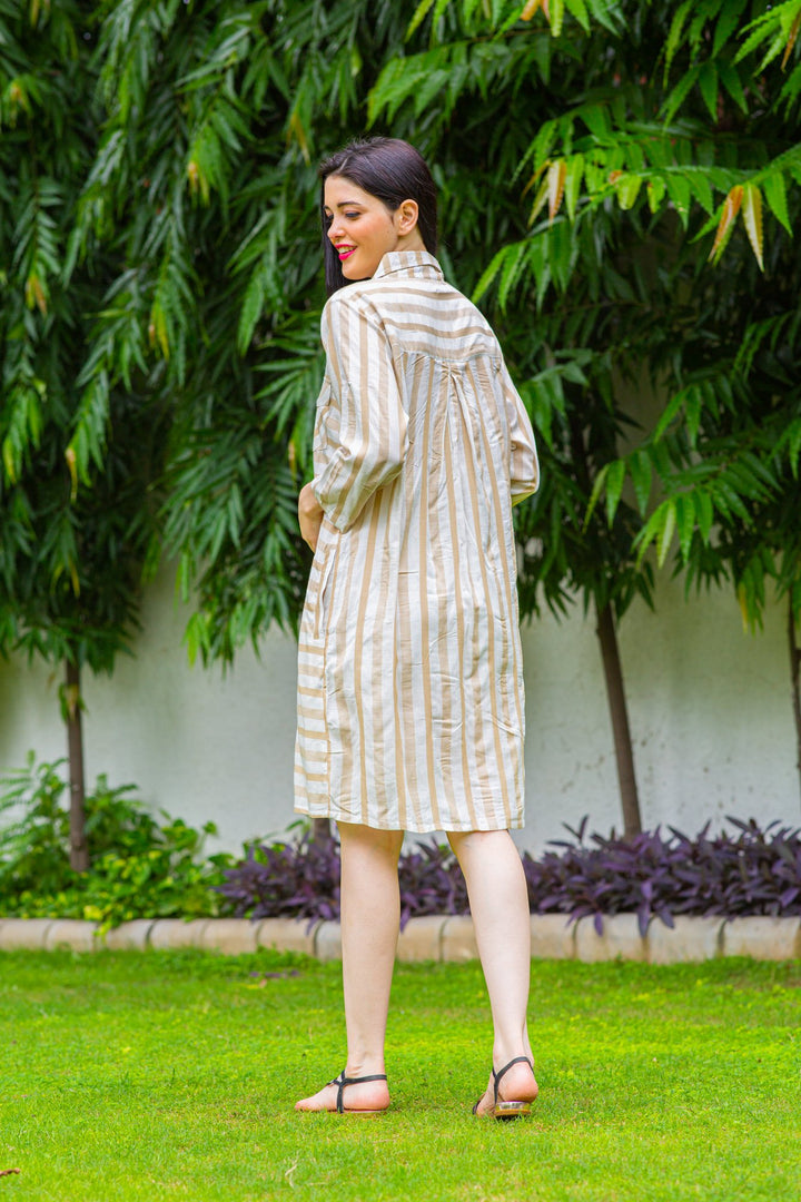 Beige Striped Maternity & Nursing Shirt Dress momzjoy.com