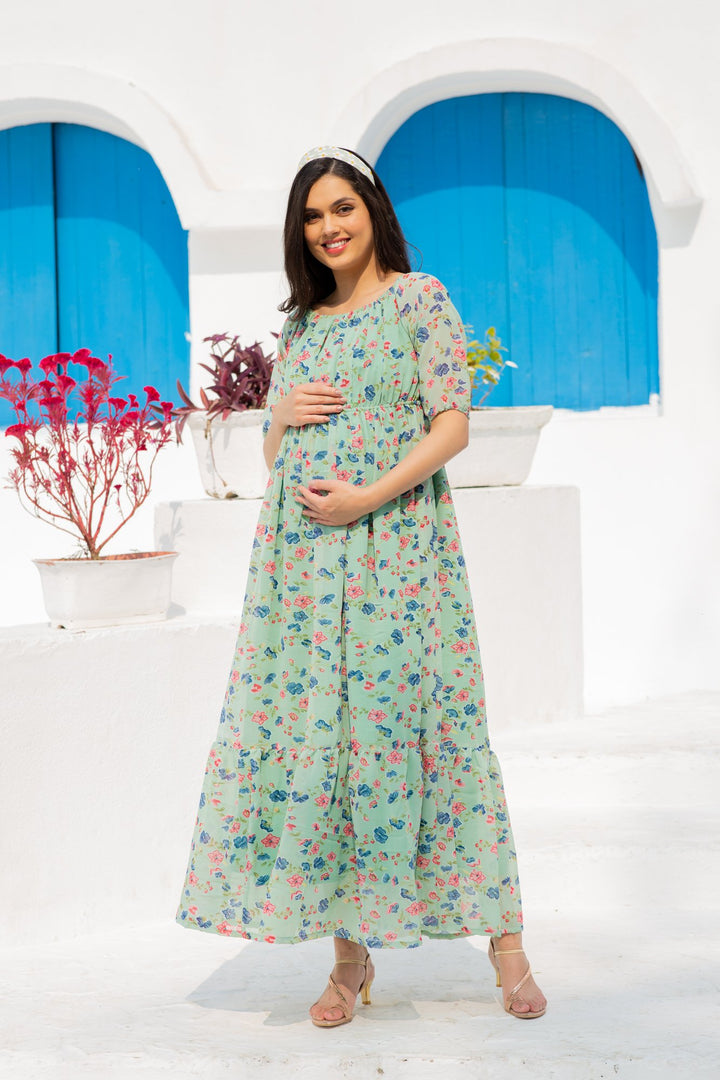 Mint Green Floral Dual Off-Shoulder Boat Neck Maternity & Nursing Maxi Dress MOMZJOY.COM