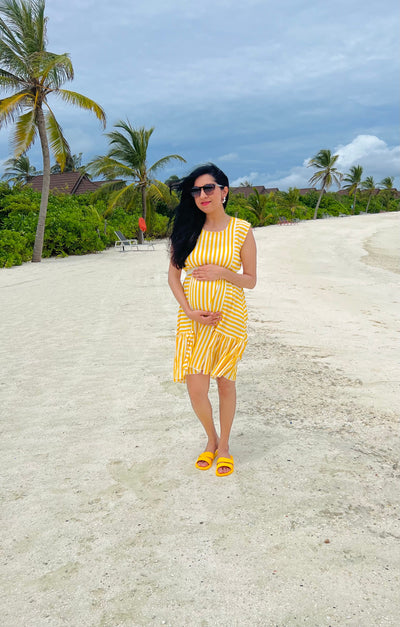 Pretty Yellow Striped Sleeveless Maternity Frill Dress (100% Cotton) momzjoy.com
