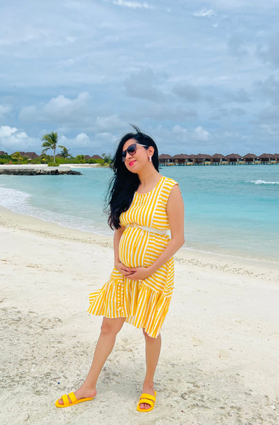 Pretty Yellow Striped Sleeveless Maternity Frill Dress (100% Cotton) momzjoy.com