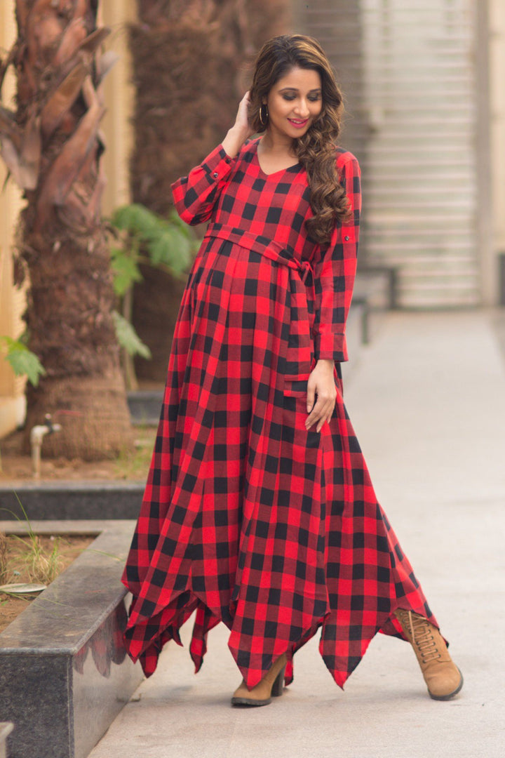 Classic Plaid Maternity & Nursing Maxi Dress - MOMZJOY.COM