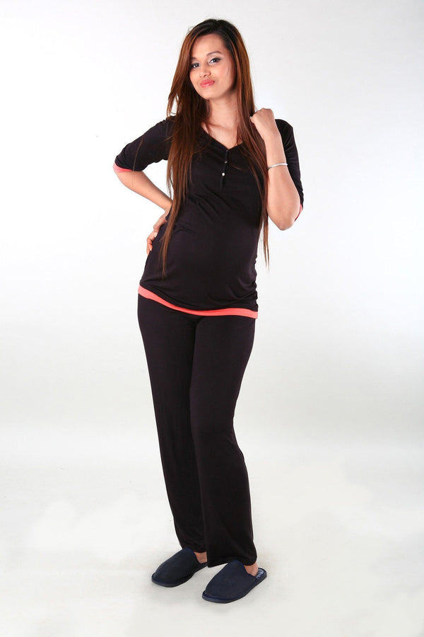 Black Lounge Maternity Pyjamas Set momzjoy.com