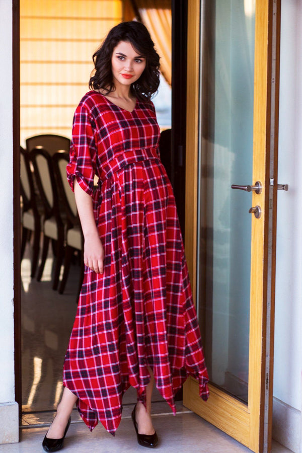 Classic Chic Red Plaid Maternity & Nursing Maxi - MOMZJOY.COM