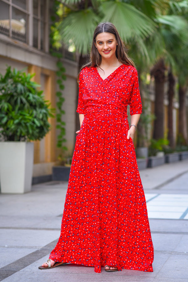 Luxe Red Floral Maternity & Nursing Wrap Dress momzjoy.com