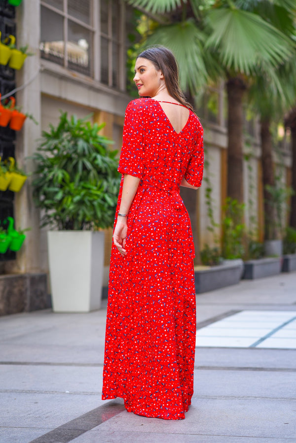 Luxe Red Floral Maternity & Nursing Wrap Dress momzjoy.com