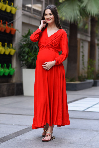 Candy Carnation Front Knot Lycra Maternity Dress MOMZJOY.COM