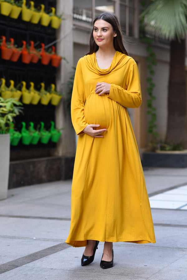 Honey Yellow Cowl Neck Off-Shoulder Maternity Maxi Dress momzjoy.com