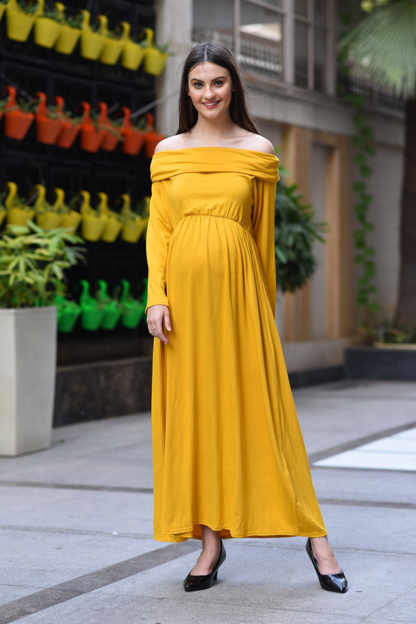 Momyknows Green Off Shoulder Long Sleeve High Split Bodycon Solid Baby  Shower Evening Gown Maternity Maxi Dress