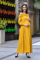 Honey Yellow Cowl Neck Off-Shoulder Maternity Maxi Dress momzjoy.com