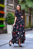 Midnight Blossom Rose High-Low Maternity & Nursing Wrap Dress momzjoy.com